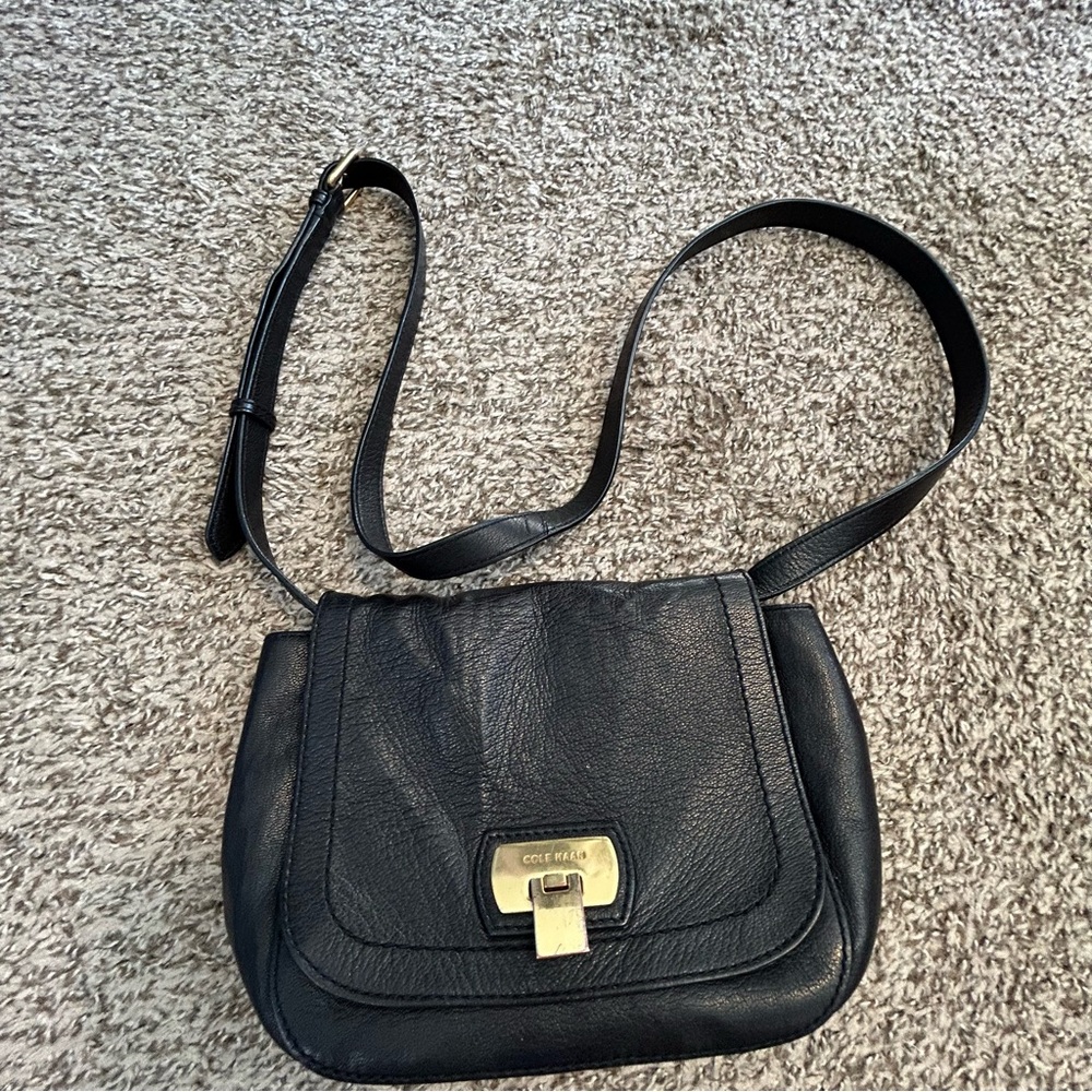 Cole Haan black crossbody leather purse with gold hardware